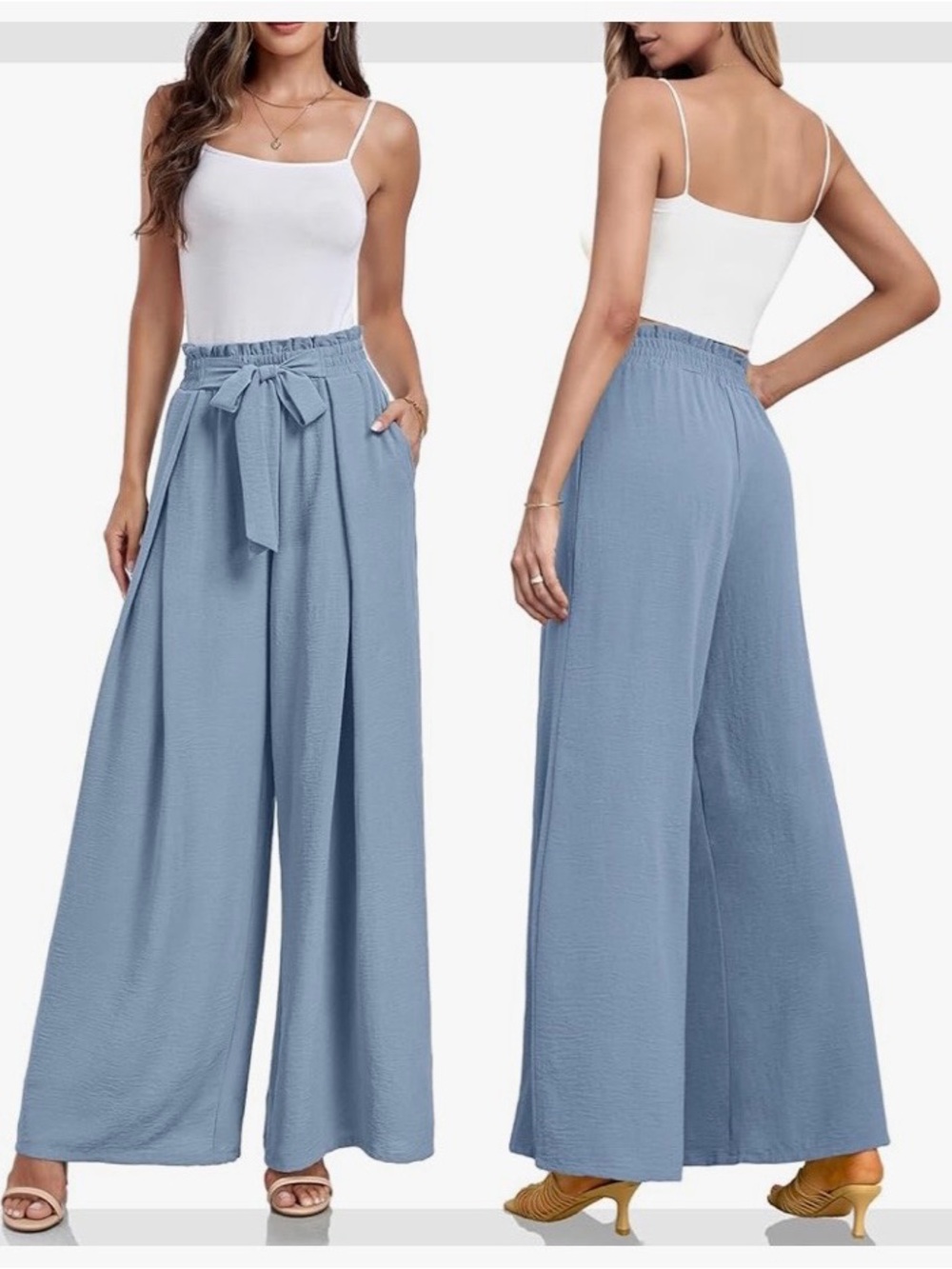 High-Rise Wide Leg Tie-Waist Pants for Women - Light Blue